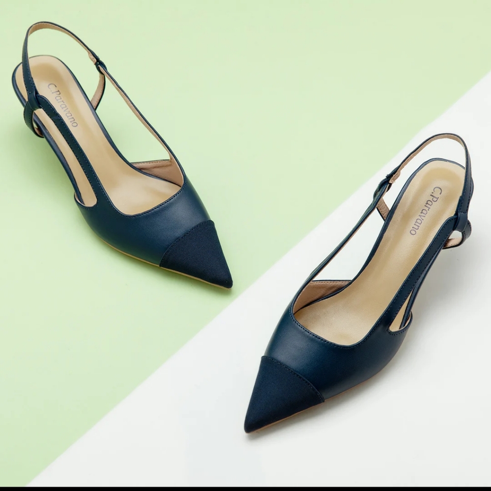 C. Paravano Cap Toe Sling Back Helen Kitten Heel 9.5, 10.5 Navy Shoes NWOB